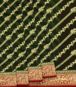 Dark Green Banarasi Khaddi Georgette Saree With Diagonal Stripes