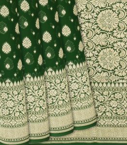 Dark Green Handloom Banarasi Khaddi Georgette Saree With Floral Buttas