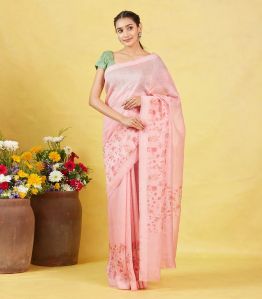 Dusty Pink Handwoven Linen Saree Printed With Floral Motifs In Border