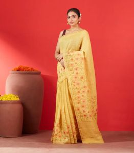 Gold Handwoven Linen Saree Printed With Floral Motifs