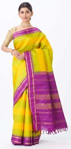 Green & Yellow Handloom Kanchipuram Korvai Silk Saree With Purple Border