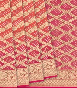 Hot Pink Handloom Banarasi Bandhani Khaddi Georgette Saree With Floral Chevron Motifs