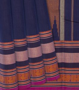 Navy Blue Handloom Plain Kanchi Ladies Cotton Saree