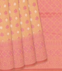 Peach Handloom Banarasi Cotton Saree With Floral Motifs