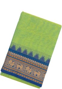 Pista Green Woven Chettinad Cotton Saree With Blue Border