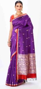 Purple Handloom Banarasi Silk Saree With Floral Buttas & Red Border