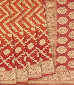 Red Handloom Banarasi Bandhani Khaddi Georgette Saree With Floral Jaal & Chevron Motifs