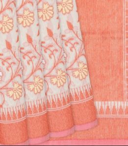 Sandal Handloom Banarasi Cotton Saree With Floral Vine Motifs