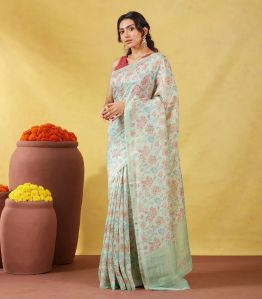 Turquoise Handwoven Linen Saree Printed With Floral Motifs