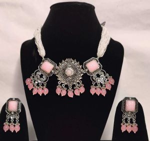 Latest Oxidized Pink and Silver Necklace Set For Women and Girls