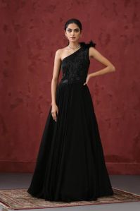 Black Hand Embroidered Layered Dress Woman Gown