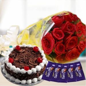 Black Forest Cake With Roses N Chocolate Box Bouquet