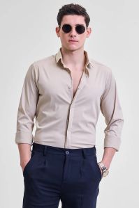 BEIGE SOLID CONCEALED PLACKET Mens SHIRT