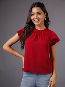 SOLID RED FLUTTER SLEEVE TOP