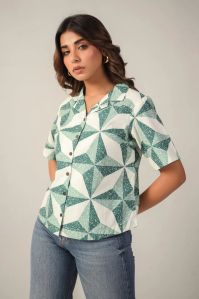 women GREEN AND WHITE GEOMETRIC PRINT SHIRT