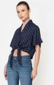 women ULTRAMARINE RAYON POLKA DOT TIE UP CROP SHIRT