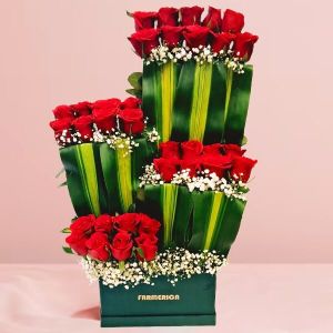 Stylish Tiered Red Rose Ensemble Green Box Arrangement