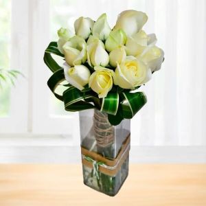 White Roses With Glass Vase