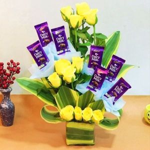 Yellow Roses and Cadbury Dairy Milk Chocolate Bouquet