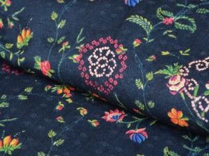 Dark Blue Floral Semi Pashmina Wool Fabric