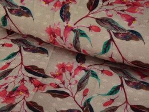 Dark Cream & Pink Floral Semi Pashmina Wool Fabric