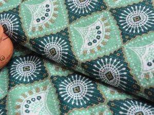 Turquoise Green & Blue Motifs Pure Cotton Kantha Fabric