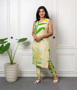 Womens Jute Cotton Sleeveless Kurta With Pant Set