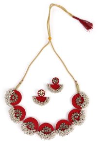 Handcrafted Fabric Flower Shaped Necklace With D-Shaped Earring For Women