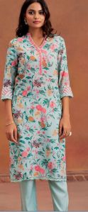 BLUE EMBROIDERED TROPICAL PRINTED STRAIGHT KURTA