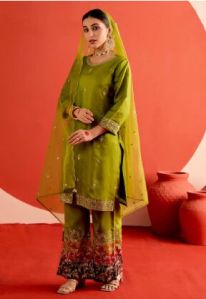 MEHENDI GREEN ZARDOZI EMBROIDERED FESTIVE KURTA SET WITH DUPATTA