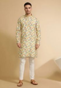 YELLOW ABSTRACT PRINTED COTTON KURTA FOR MEN