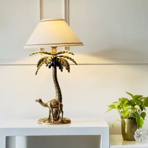 Antique Brass Finish Metal Design Tropical Oasis Camel Palm Tree Table Lamp