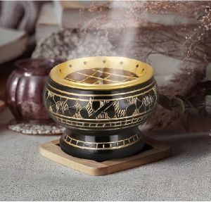 Brass Back Bowl with Carved Ornaments Incense Burner