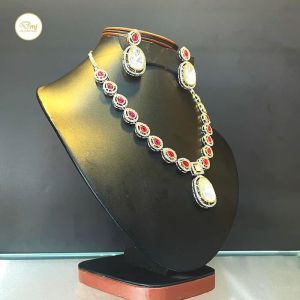 RUBY TOURMALINE STONE SILVER PLATED NECKLACE AND EARRING SET