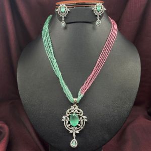 SEA GREEN & PINK BEADS WITH AQUAMARINE CZ PENDANT SILVER SET