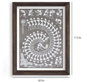 Maharashtrian warli tribe traditional tarpa folk dance painting (grey)