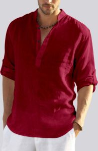 Mens Red Cotton Linen Full Sleeves Regular Fit Short Kurta Shirt