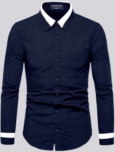 Mens Navy Blue Solid Cotton Blend Regular Fit Casual Shirt