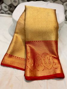 Golden Banarasi Silk Saree with Rich Red Zari Border