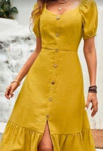 Cotton Plain Mustard Yellow One Piece Dress