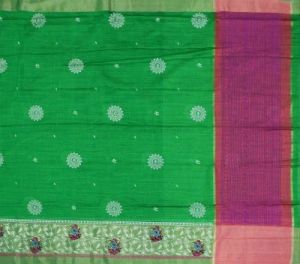 Ksr Handlooms Green Embroidered Linen Work Saree