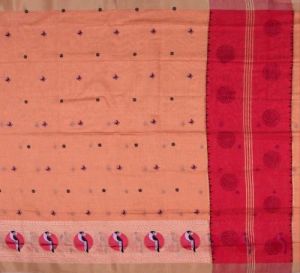Ksr Handlooms Peach Embroidered Linen Work Saree