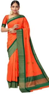 Ksr Handlooms Dark Orange and Green Gadwal Work Saree