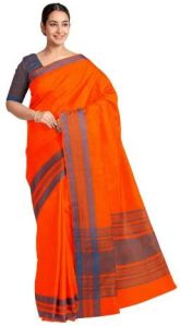 Ksr Handlooms Dark Orange Kollam Khadi Cotton Saree