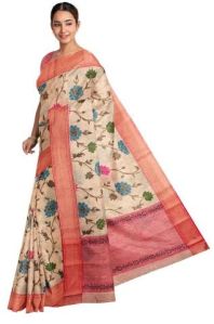 Ksr Handlooms Floral Design Linen Printed Saree