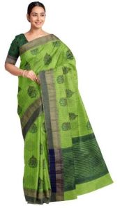 Ksr Handlooms Green Leaf Pattern Linen Printed Saree