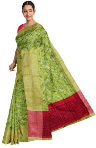 Ksr Handlooms Green Printed Linen Work Saree