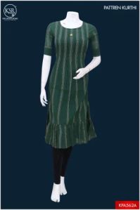 Ksr Handlooms Green Striped Pattern Cotton Kurti