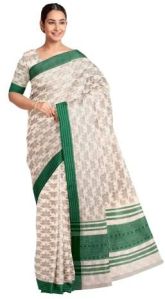 Ksr Handlooms Kerala Green Border Cotton Print Saree