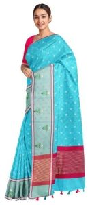 Ksr Handlooms Maroon and Sky Blue Muga Work Saree